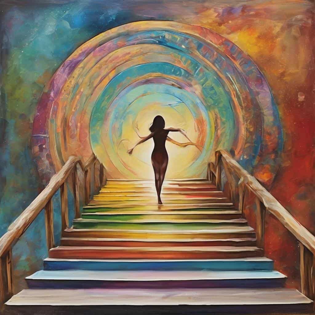 Έγχρωμη αφίσα με γυναικεία φιγούρα σε σκάλα με πολύχρωμο κυκλικό φόντο, εμπνευσμένη από την ιδέα "κάθε εμπόδιο είναι ευκαιρία".