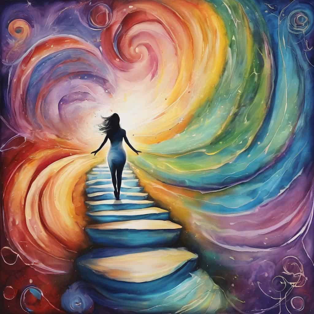 Αναμνηστικό της γυναίκας που περπατάει σε μια φωτεινή σκάλα προς το ουρανό και το χρωματιστό σύμπαν.