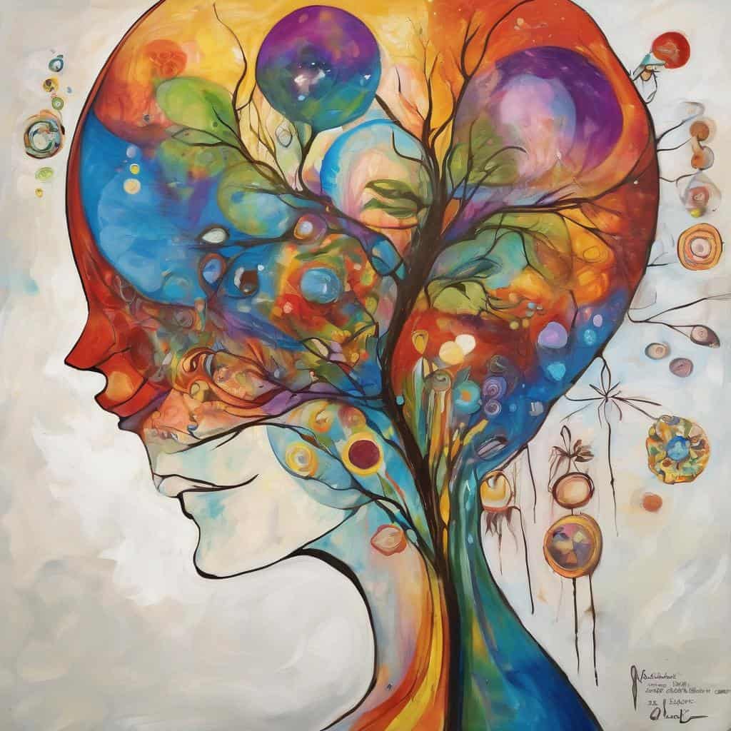 Ονέο, πολύχρωμο πίνακα με ανθρώπινο προφίλ και δέντρο σκέψης, κουλτούρα και δημιουργικότητα, τέχνη και αυτοέκφραση.